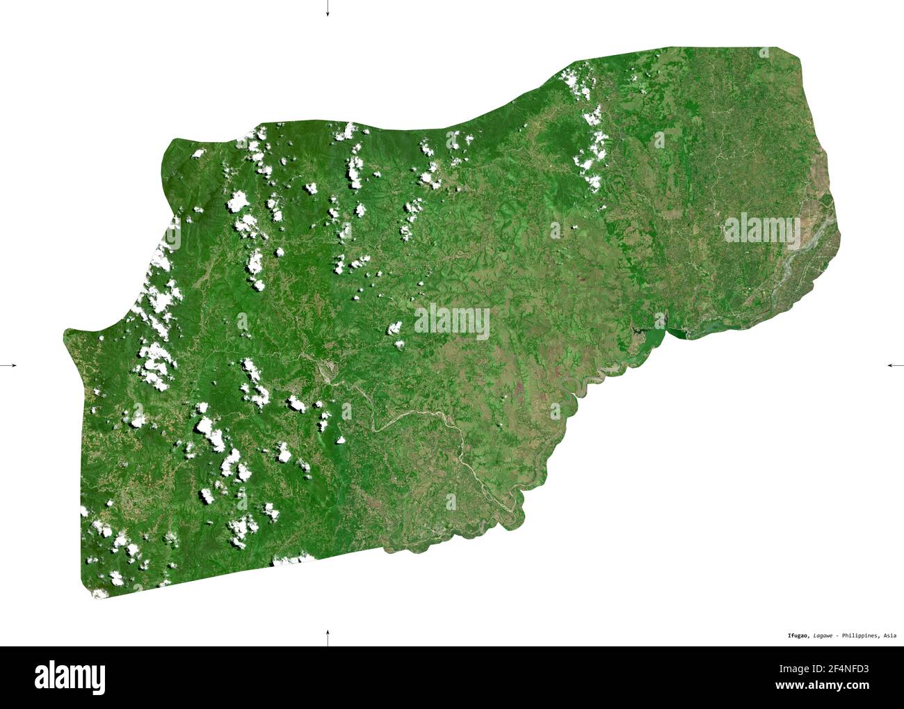 Ifugao, province des Philippines. Imagerie satellite Sentinel-2. Forme isolée sur solide blanc. Description, emplacement de la capitale. Contient modifié Banque D'Images