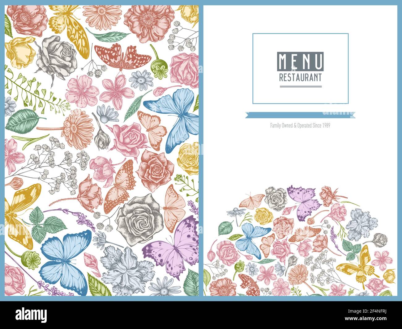 Couverture du menu à motif floral avec sac à main en berger pastel, bruyère, iris japonica, sakura, gitsophila, camomille, amande, fleur de pavot, calendula, bleu Illustration de Vecteur