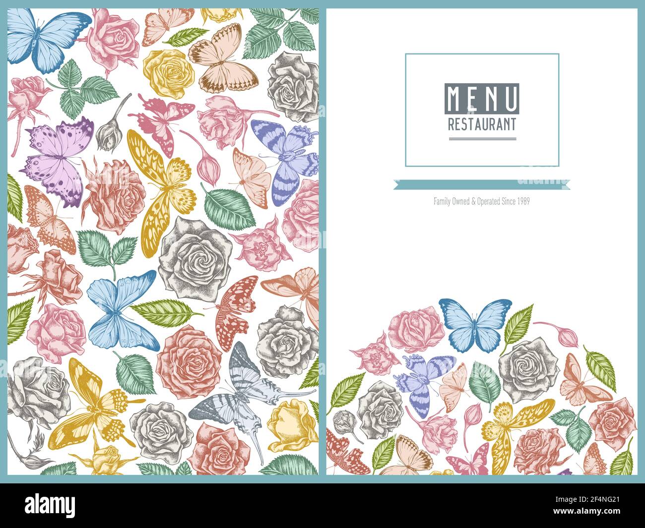Couverture de menu motif floral avec ménélaus pastel bleu morpho, papillon citron, croquant rouge, galloïde géant africain, alcides agathyrsus, wallace Illustration de Vecteur