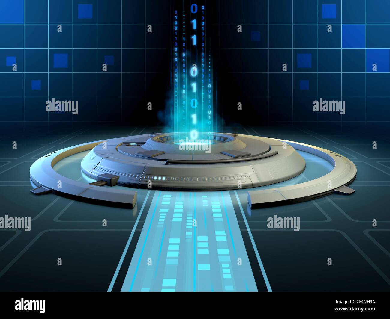 Plate-forme futuriste de haute technologie traitant un flux de données. Illustration numérique Banque D'Images