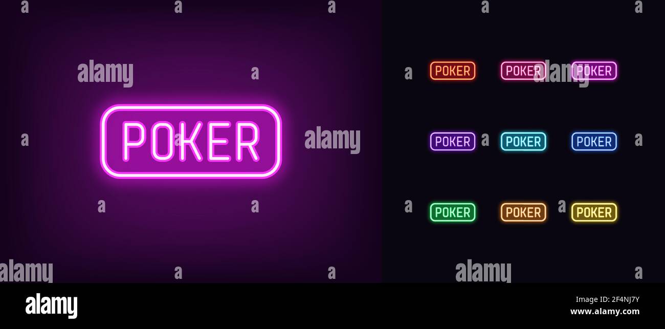 Icône de poker Neon. Texte de poker au néon brillant, signe de contour dans des couleurs vives. Salle de jeux, bouton lumineux, club de jeu, tournoi de jeu, pari. Ensemble d'icônes, s Illustration de Vecteur