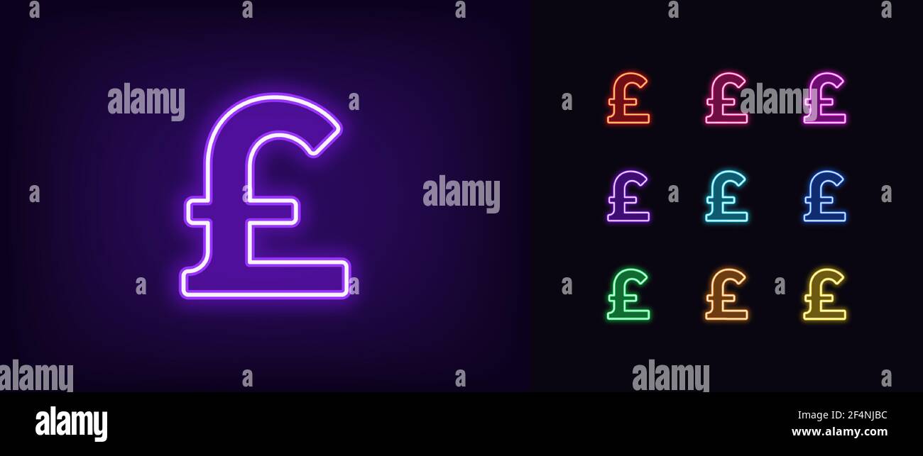 Icône livre sterling néon. Signe lumineux au néon, contour du symbole d'argent dans des couleurs vives. Services bancaires et d'investissement en ligne, change de devises. Ensemble d'icônes, s Illustration de Vecteur