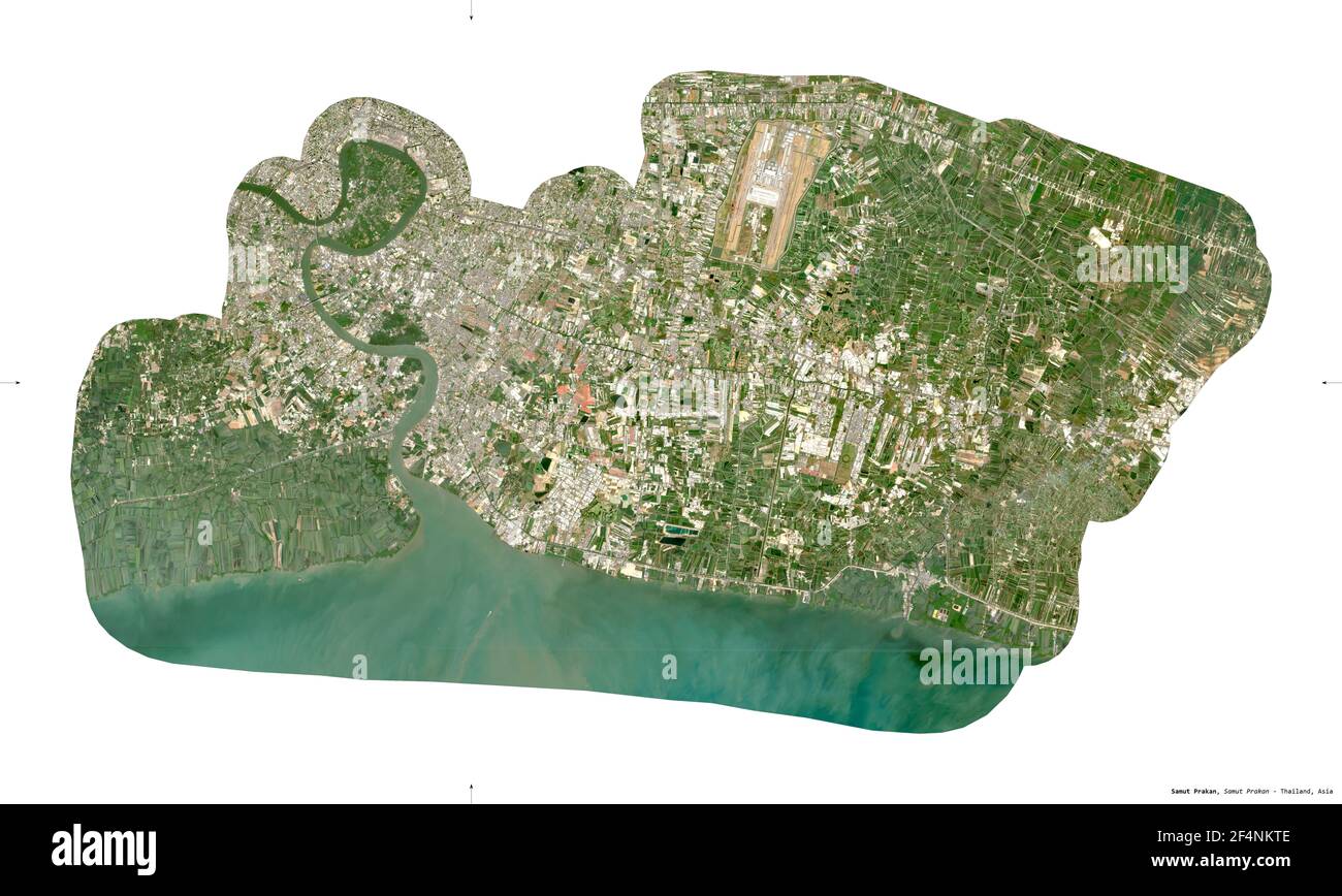 Samut Prakan, province de Thaïlande. Imagerie satellite Sentinel-2. Forme isolée sur blanc. Description, emplacement de la capitale. Contient COP modifié Banque D'Images