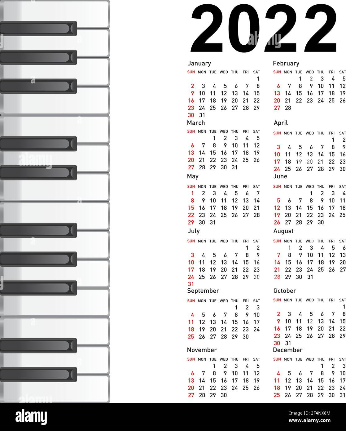 Nouveau calendrier 2022 avec une musique de fond piano clés Image  Vectorielle Stock - Alamy