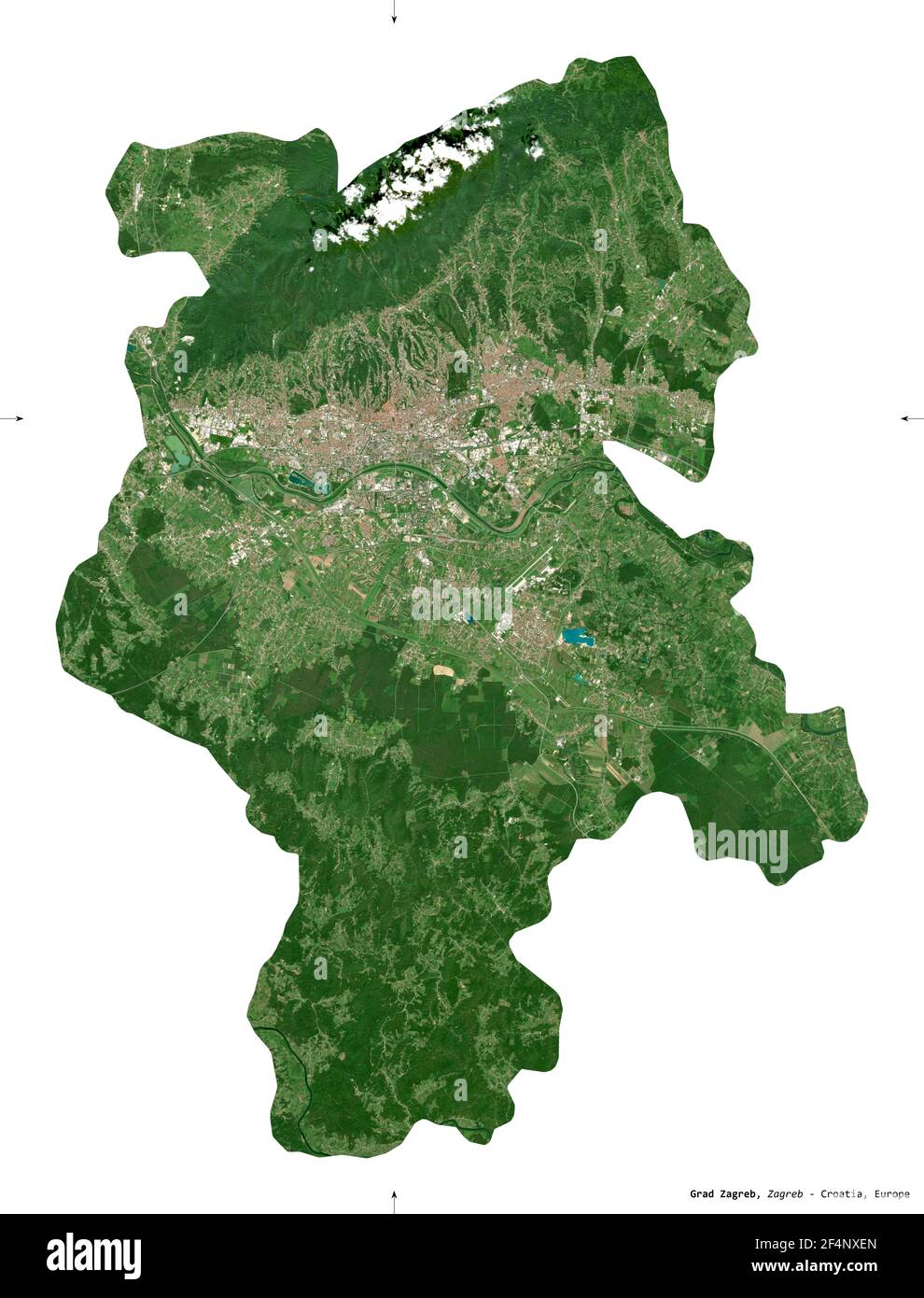 Grad Zagreb, ville de Croatie. Imagerie satellite Sentinel-2. Forme isolée sur blanc. Description, emplacement de la capitale. Contient Copernicu modifié Banque D'Images