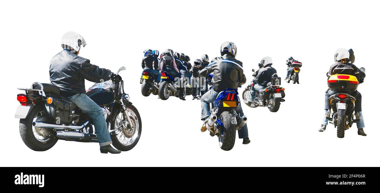 Groupe de motocyclistes isolés sur fond blanc. Banque D'Images
