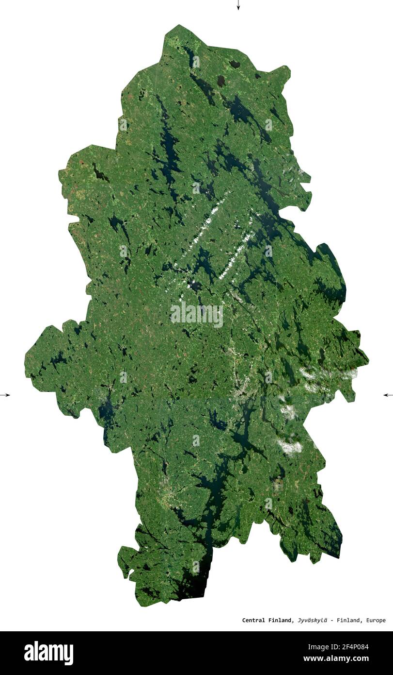 Finlande centrale, région de Finlande. Imagerie satellite Sentinel-2. Forme isolée sur blanc. Description, emplacement de la capitale. Contient COP modifié Banque D'Images