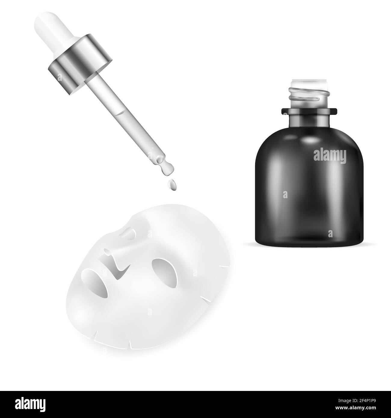 Flacon compte-gouttes de sérum. Masque facial, masque facial, conteneur 3d. Emballage cosmétique Pipette, flacon pour l'essence du visage. Masque de collagène jetable, traitement cont Illustration de Vecteur