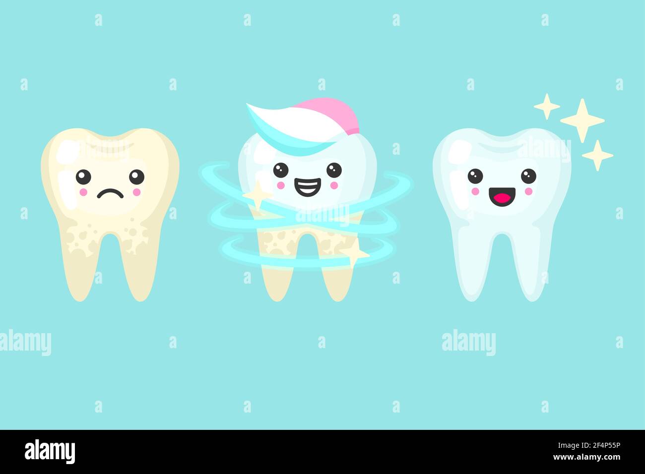 Concept de blanchiment et de nettoyage des dents en stomatologie, illustration vectorielle des dents mignonne et colorée Illustration de Vecteur