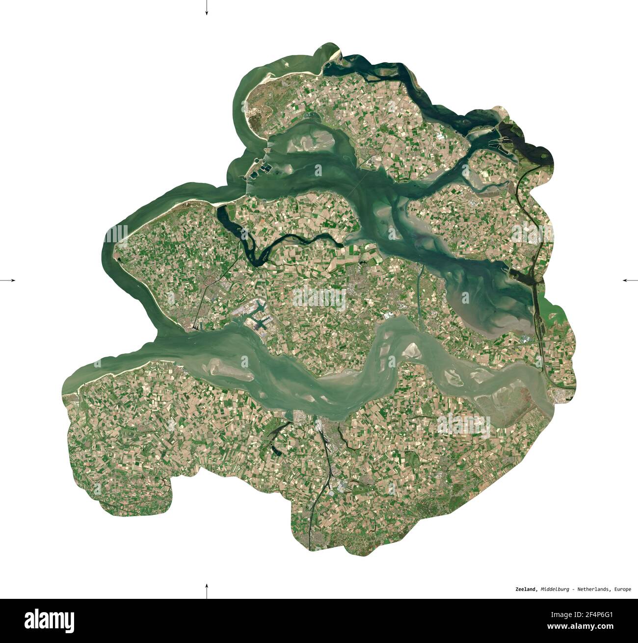 Zeeland, province des pays-Bas. Imagerie satellite Sentinel-2. Forme isolée sur blanc. Description, emplacement de la capitale. Contient le COPER modifié Banque D'Images