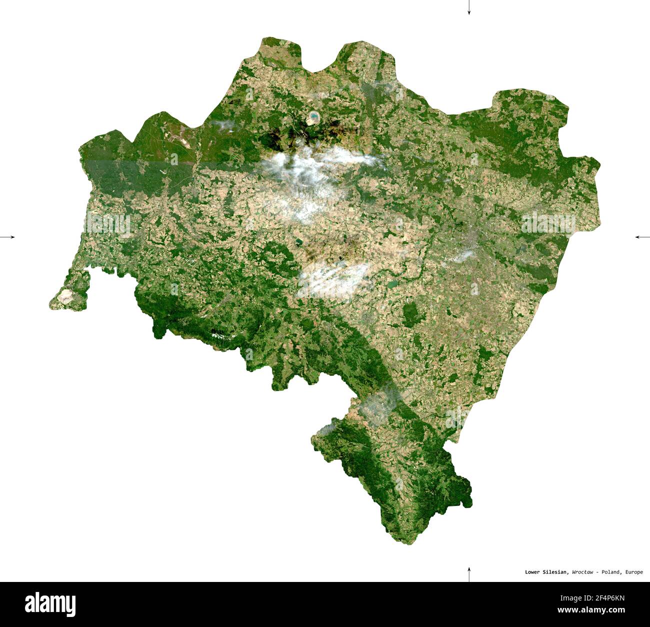 Basse Silésie, voïvodeship|province de Pologne. Imagerie satellite Sentinel-2. Forme isolée sur blanc. Description, emplacement de la capitale. Contient Banque D'Images