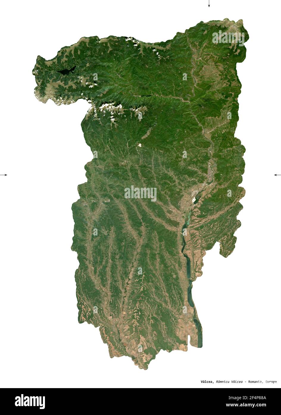 Valcea, comté de Roumanie. Imagerie satellite Sentinel-2. Forme isolée sur blanc. Description, emplacement de la capitale. Contient Copernic S modifié Banque D'Images