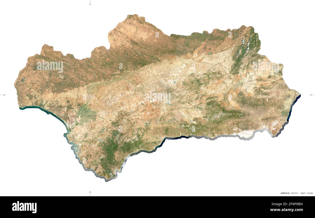 Andalousie, communauté autonome d'Espagne. Imagerie satellite Sentinel-2. Forme isolée sur blanc. Description, emplacement de la capitale. Contient modif Banque D'Images