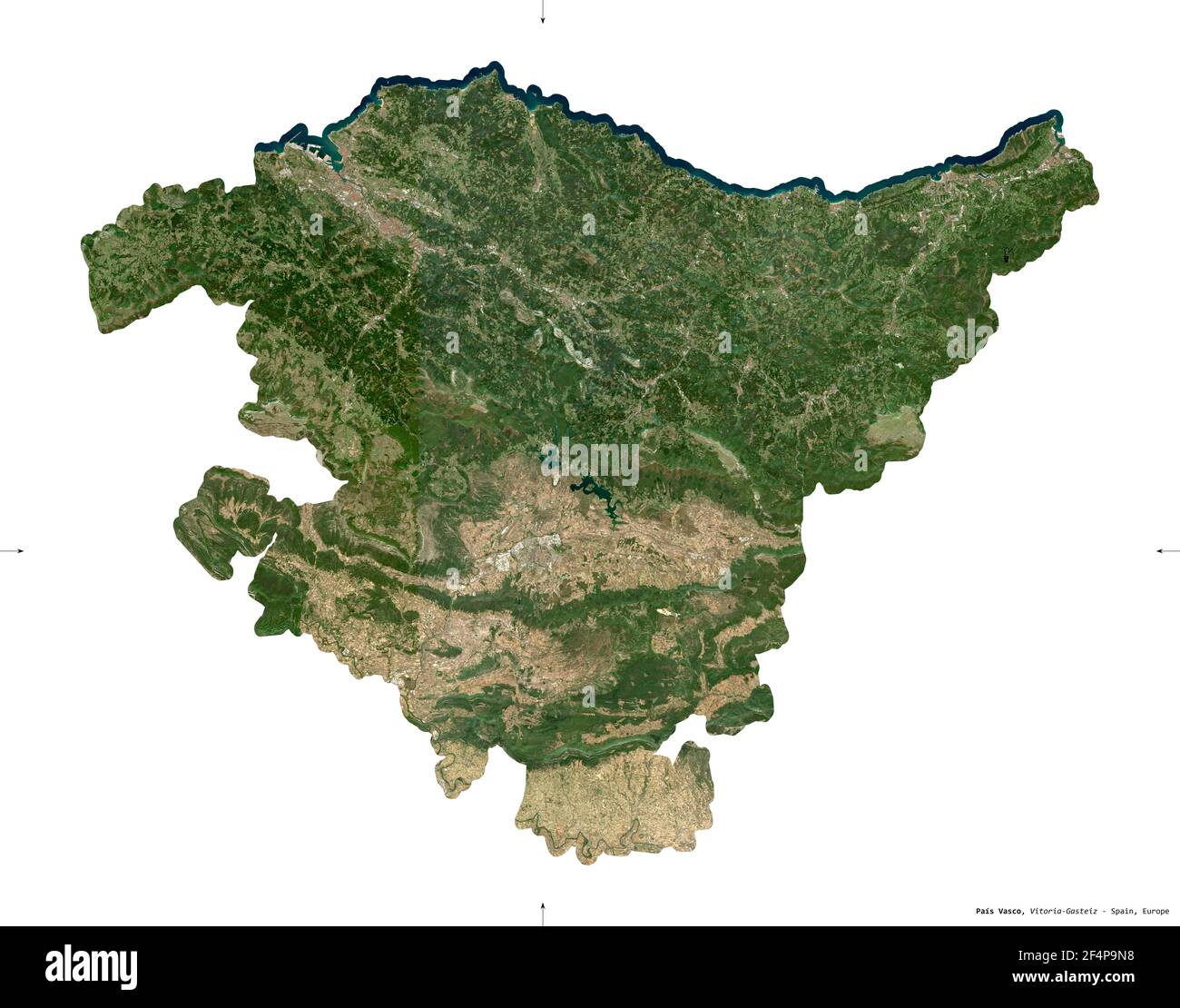 Pais Vasco, communauté autonome d'Espagne. Imagerie satellite Sentinel-2. Forme isolée sur blanc. Description, emplacement de la capitale. Contient modif Banque D'Images