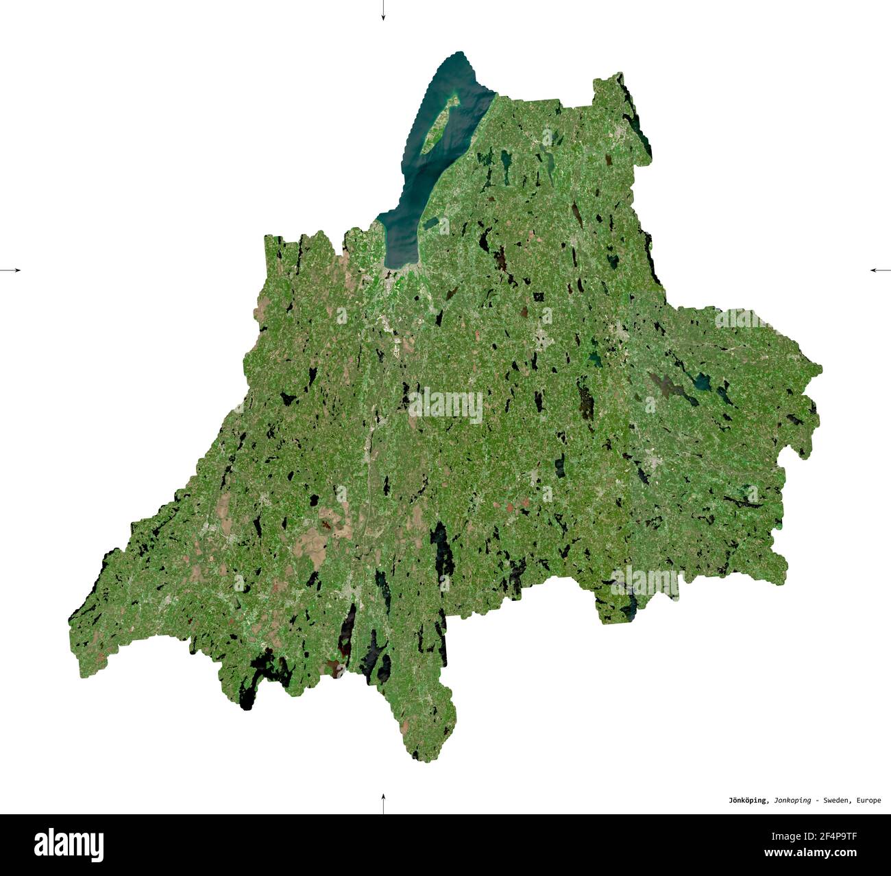 Jonkoping, comté de Suède. Imagerie satellite Sentinel-2. Forme isolée sur blanc. Description, emplacement de la capitale. Contient Copernic modifié Banque D'Images