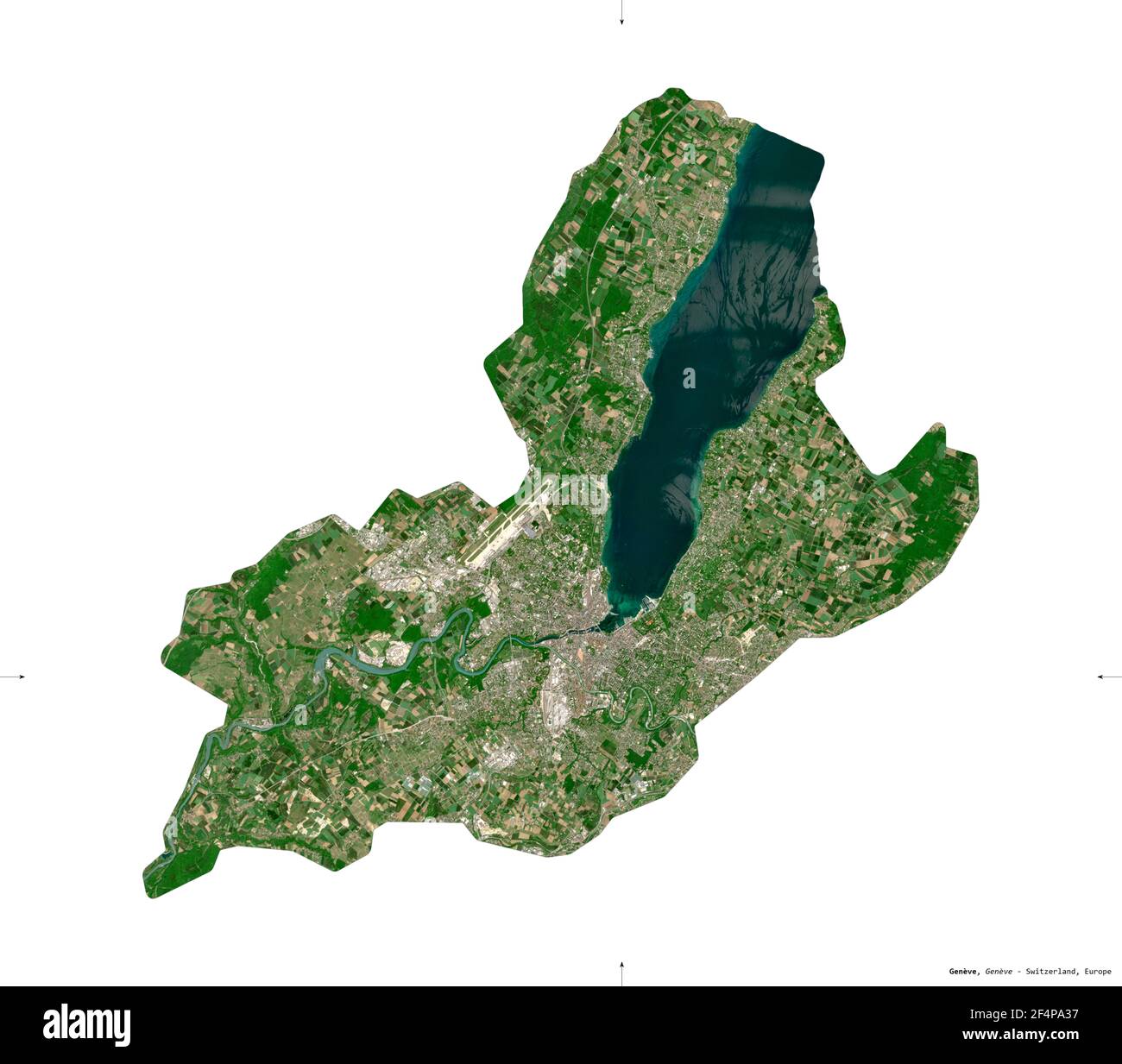 Genève, canton de Suisse. Imagerie satellite Sentinel-2. Forme isolée sur blanc. Description, emplacement de la capitale. Contient Copernic modifié Banque D'Images
