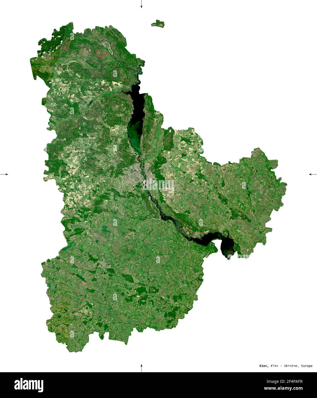 Kiev, région de l'Ukraine. Imagerie satellite Sentinel-2. Forme isolée sur blanc. Description, emplacement de la capitale. Contient Copernic Sen modifié Banque D'Images