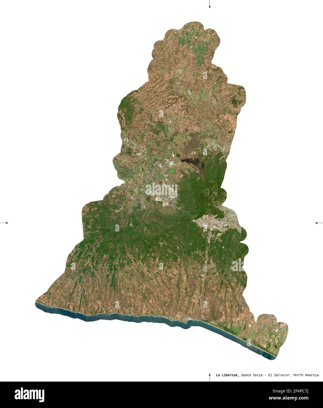 La Libertad, département d'El Salvador. Imagerie satellite Sentinel-2. Forme isolée sur solide blanc. Description, emplacement de la capitale. Contient Mo Banque D'Images