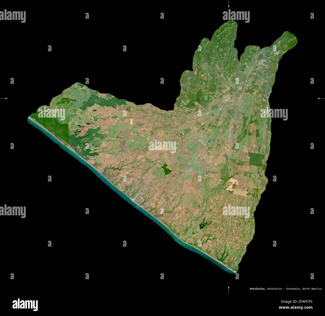 Retalhuleu, département du Guatemala. Imagerie satellite Sentinel-2. Forme isolée sur noir. Description, emplacement de la capitale. Contient la société modifiée Banque D'Images