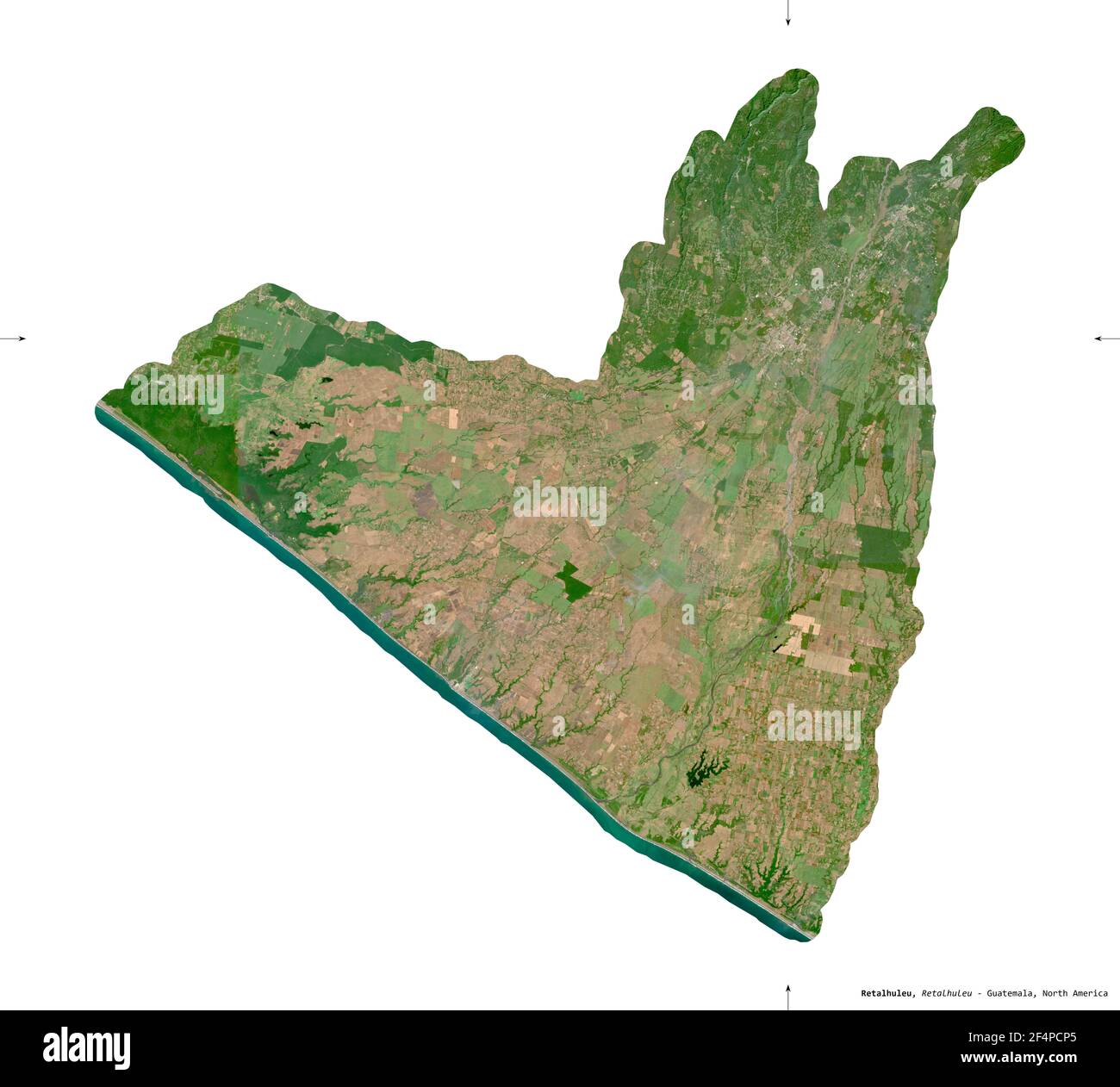 Retalhuleu, département du Guatemala. Imagerie satellite Sentinel-2. Forme isolée sur solide blanc. Description, emplacement de la capitale. Contient modif Banque D'Images