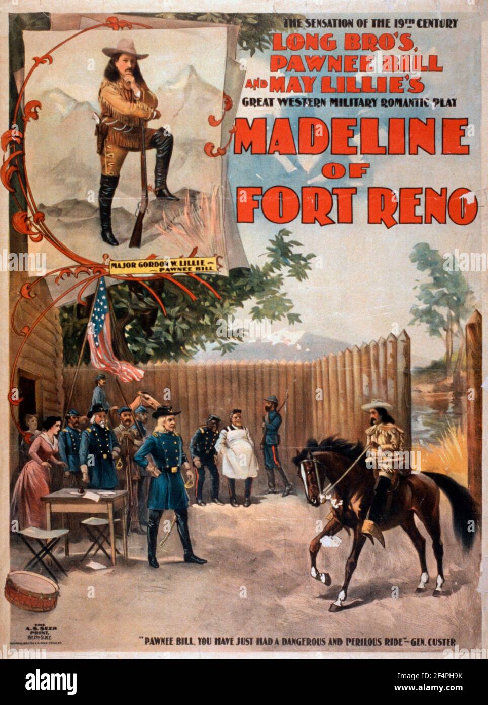 Madeline de fort Reno la sensation du XIXe siècle, long Bro's, Pawnee Bill et May Lillie's grand jeu militaire romantique de l'Ouest, vers 1897 Banque D'Images