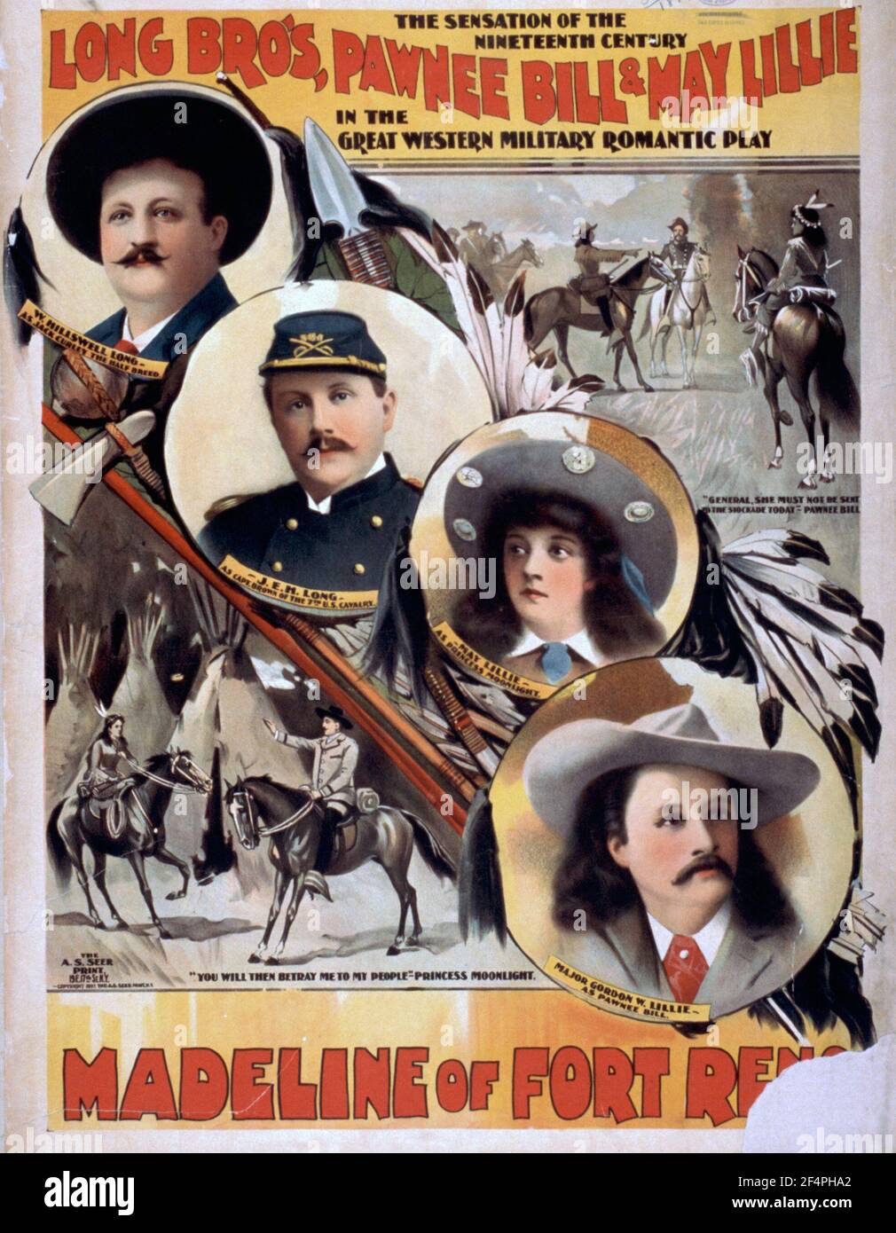 Long Bro's, Pawnee Bill et May Lillie dans la grande pièce militaire romantique de l'Ouest, Madeline de fort Reno la sensation du XIXe siècle - 1897 Banque D'Images
