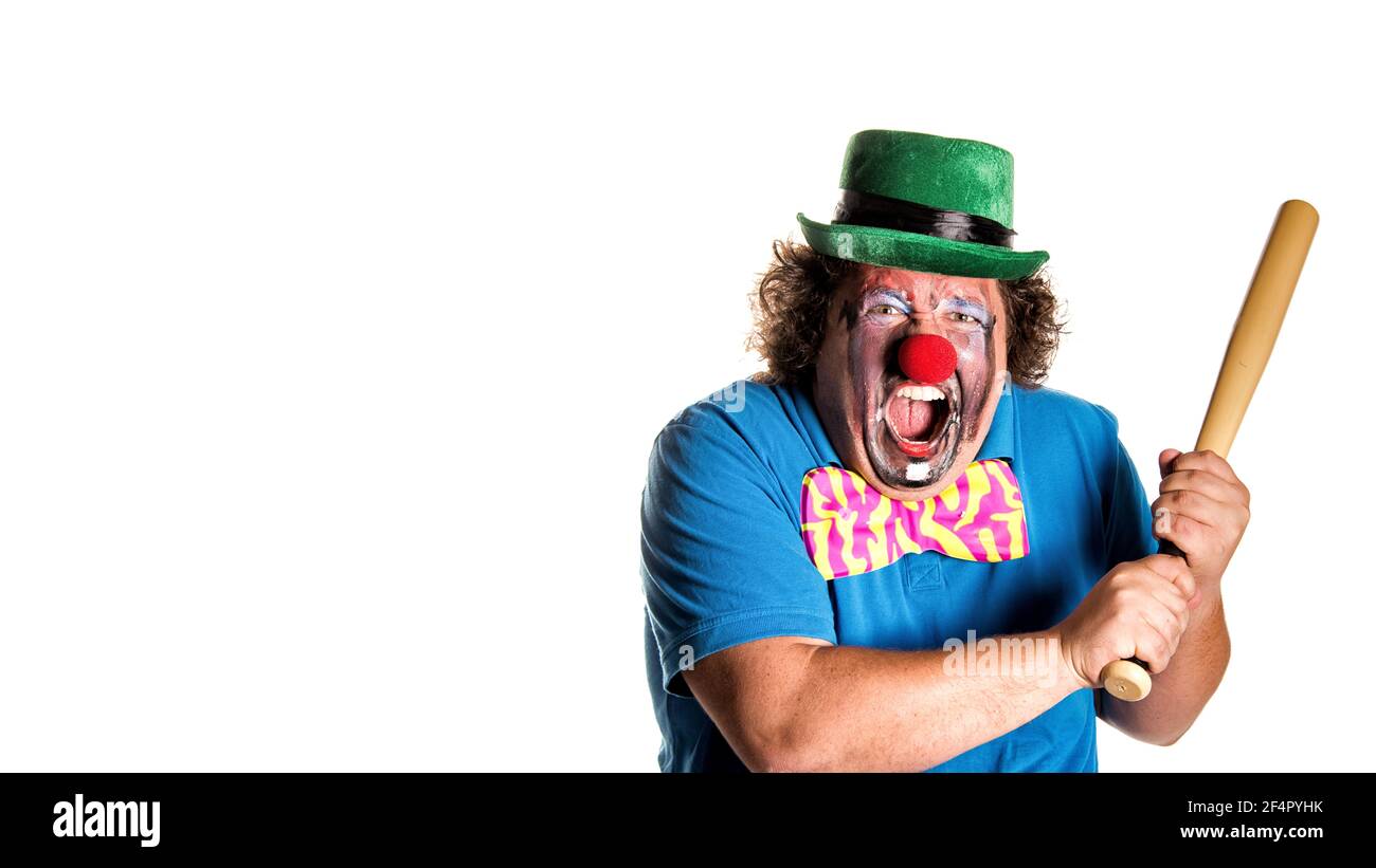 Vacances. Clown gras drôle. Arrière-plan blanc. Banque D'Images