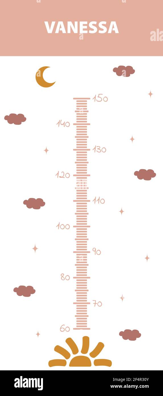 Tableau des hauteurs pour enfants. Mur du mètre avec soleil et lune de boho mignons. Illustration vectorielle en style de dessin animé Doodle. Graphique de croissance puérile. Modèle d'affiche pour Illustration de Vecteur