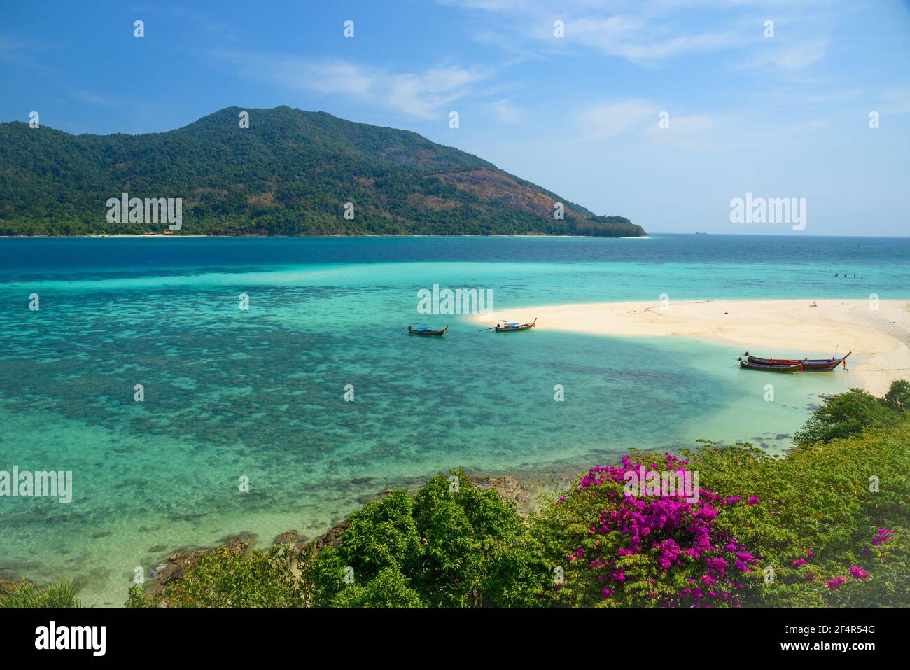Belle plage et bateaux à longue queue à l'île de Lipe, province de Satun, Thaïlande. Banque D'Images