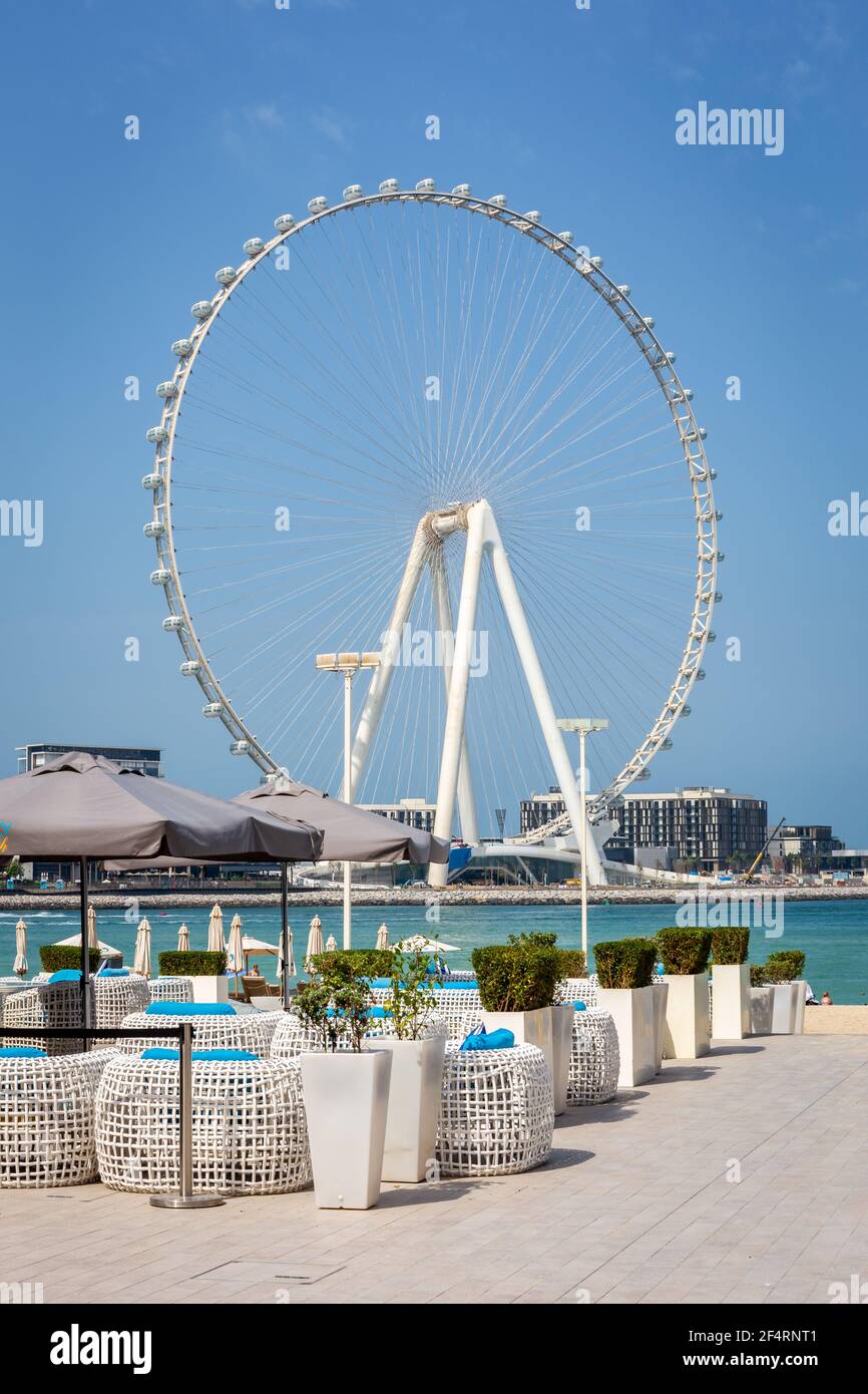 Dubaï, Émirats arabes Unis, 22.02.2021. Ain Dubai (Dubai Eye) la plus grande roue au monde sur l'île Bluewaters avec des canapés blancs au restaurant JBR Beach Banque D'Images