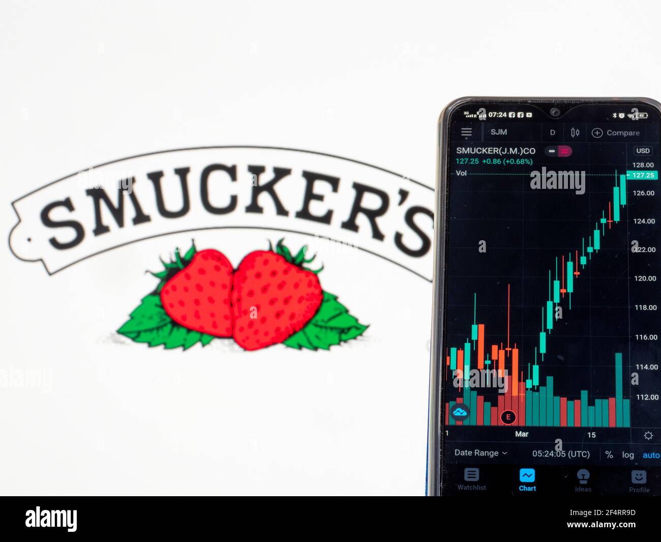 23 mars 2021, Ukraine: Dans cette illustration, les informations boursières de J.M. Smucker Company vue affichée sur un smartphone avec le J.M. Logo de Smucker Company en arrière-plan. (Image de crédit : © Igor Golovniov/SOPA Images via ZUMA Wire) Banque D'Images