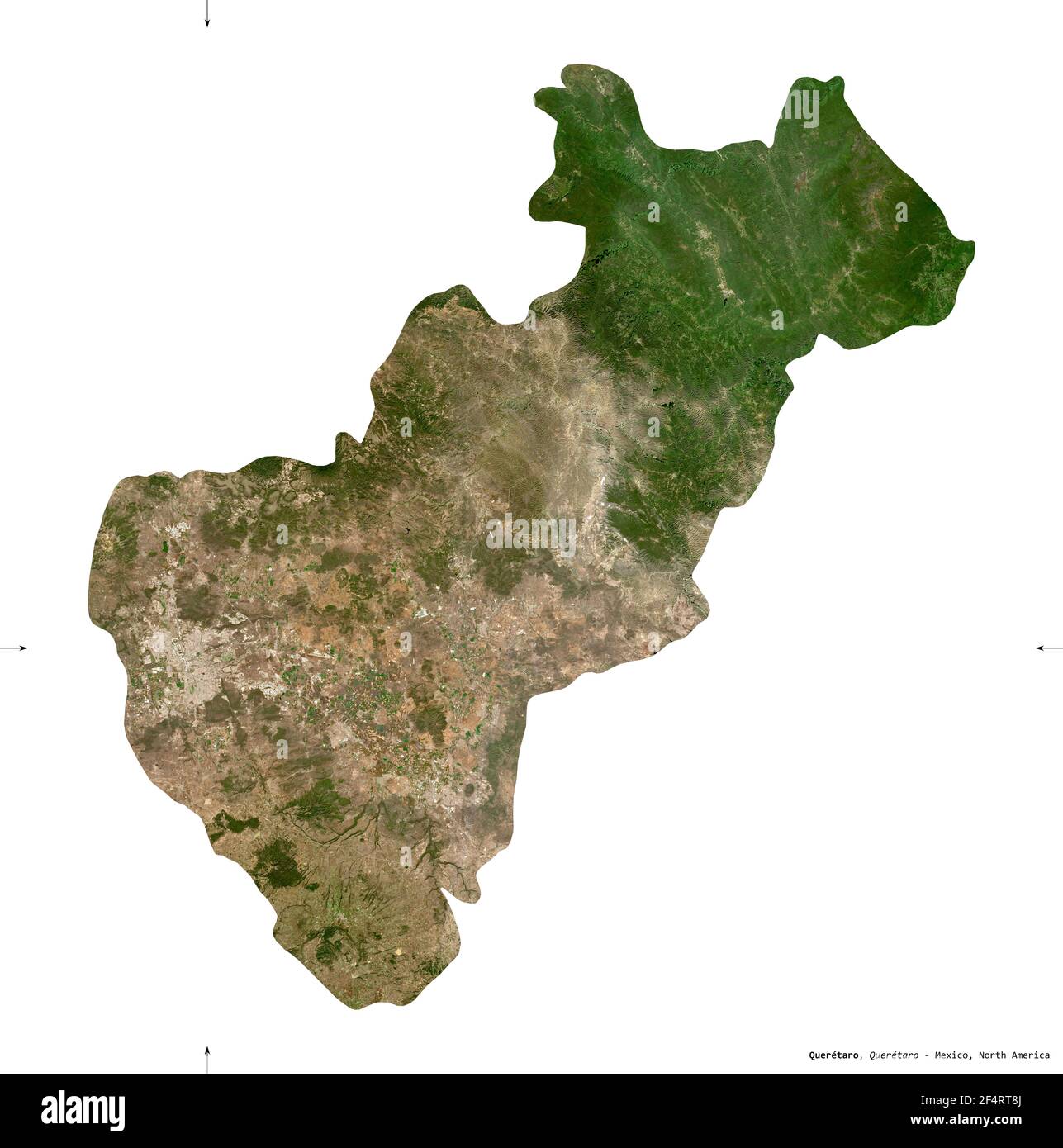 Queretaro, État du Mexique. Imagerie satellite Sentinel-2. Forme isolée sur blanc. Description, emplacement de la capitale. Contient Copernic modifié Banque D'Images