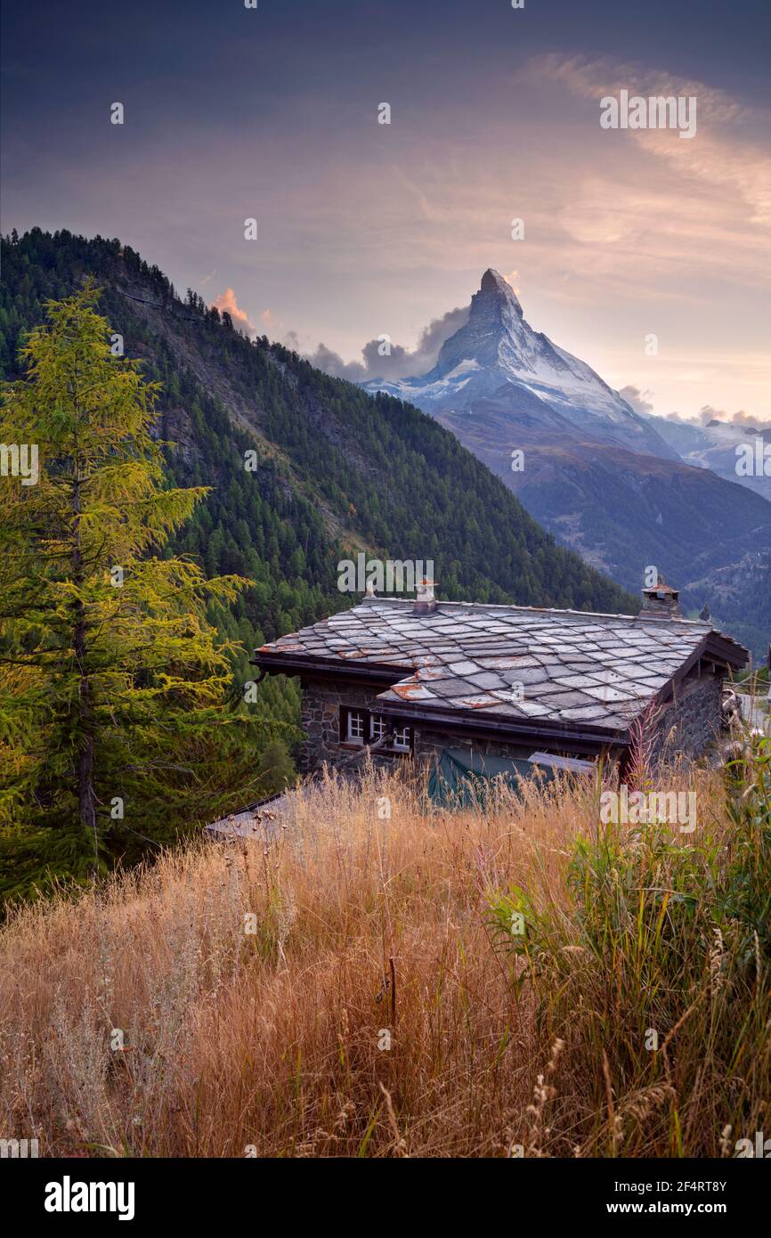 Matterhorn, Alpes suisses. Image paysage des Alpes suisses avec le Cervin pendant le beau coucher de soleil d'automne. Banque D'Images