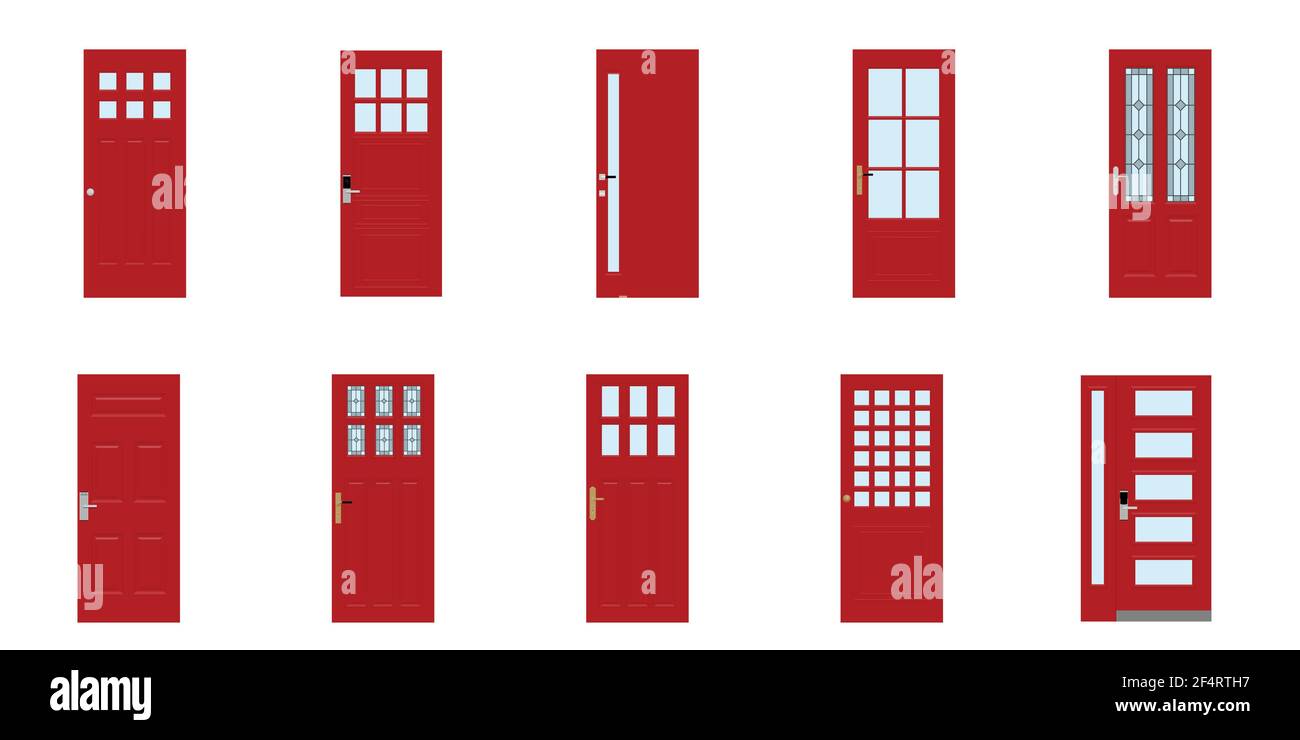 Portes avant aux maisons et bâtiments dans le style de conception plate isolé, illustration vectorielle. Illustration de Vecteur