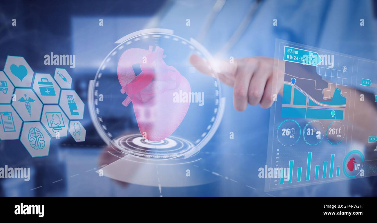 Section médiane de l'agent de santé touchant l'écran avec le cœur humain icône et traitement des données médicales Banque D'Images