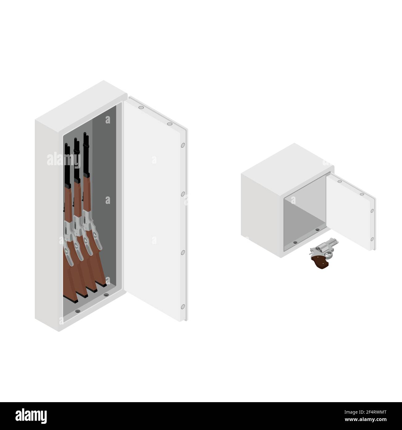 Stockage d'armes. Coffre-fort en métal avec fusil à l'intérieur et coffre-fort en banque avec revolver à pistolet vue isométrique isolée sur fond blanc. Stockage des munitions Illustration de Vecteur