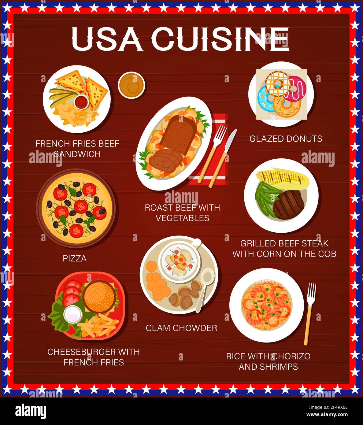 Cuisine américaine, plats et repas américains, restaurant traditionnel, déjeuner et dîner, affiche vectorielle. MENU AMÉRICAIN de sandwichs avec cuisine française Illustration de Vecteur