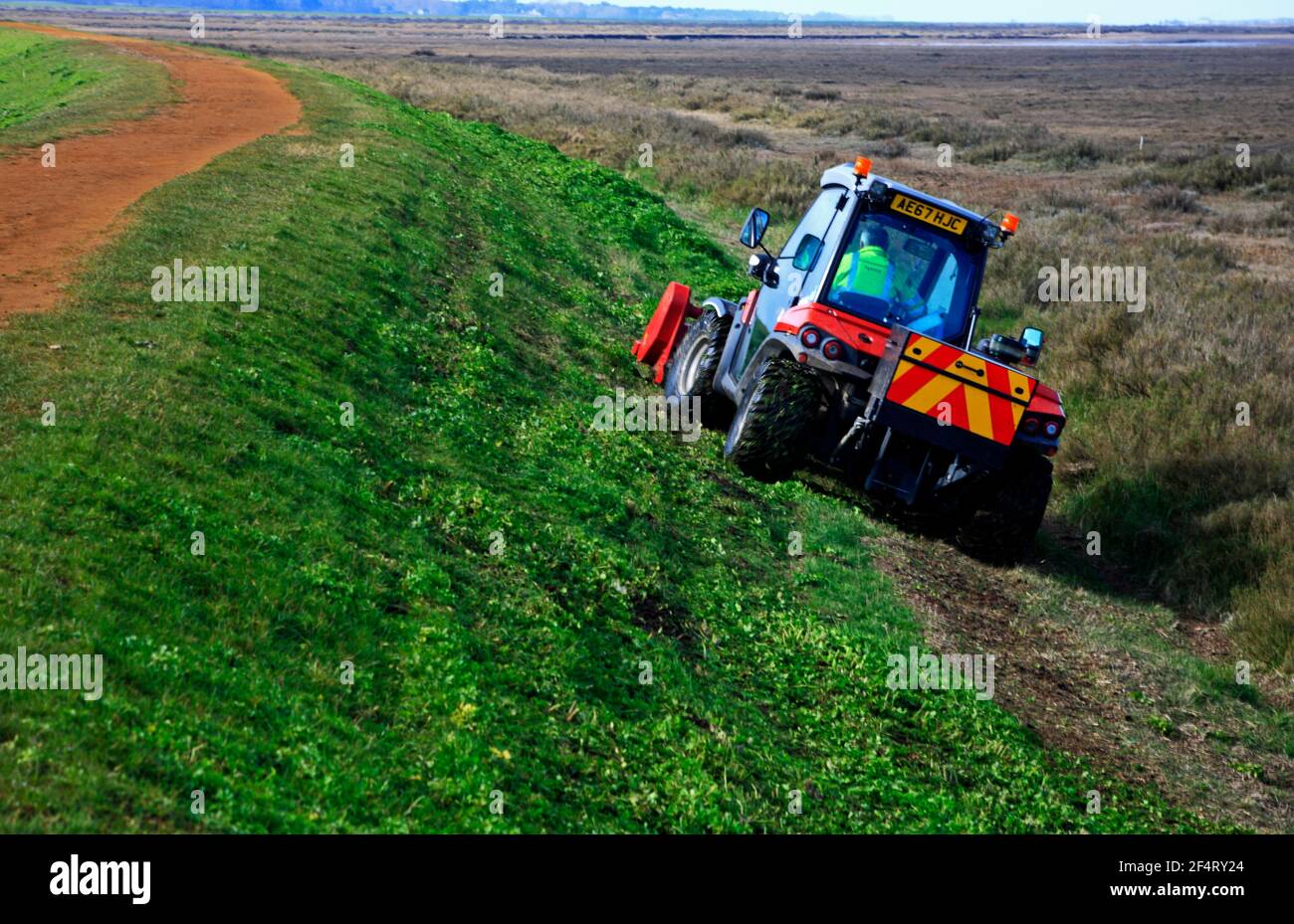 L'Agence de l'environnement coupe la végétation et maintient le mur de mer et le chemin de la côte de Norfolk à Burnham Overy Staithe, Norfolk, Angleterre, Royaume-Uni. Banque D'Images