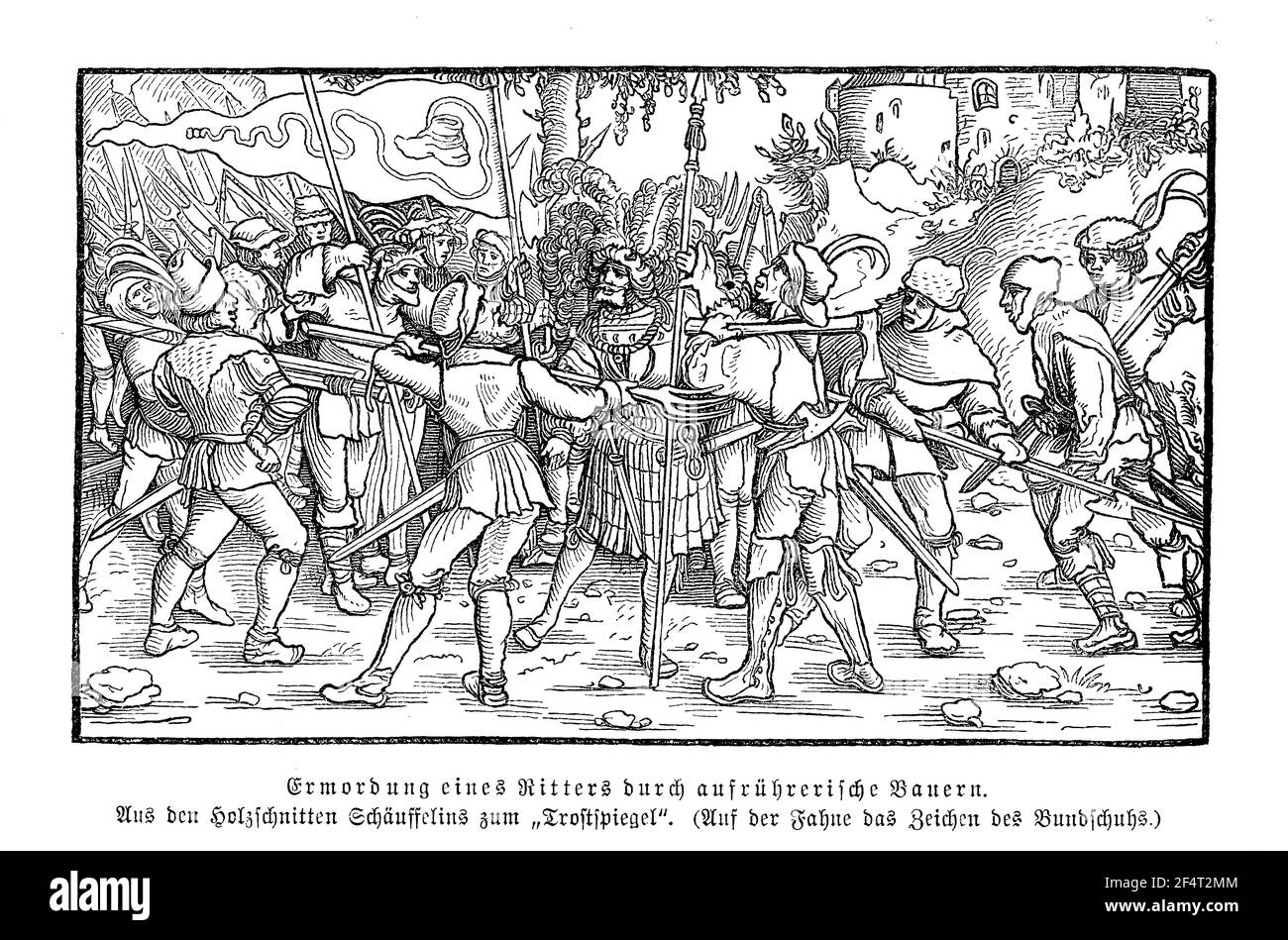 Assassinat d'un chevalier à la main de paysans rebelles de la ligue des cordonniers, gravure de Hans Leonhard Schaeufelein, XVIe siècle Banque D'Images