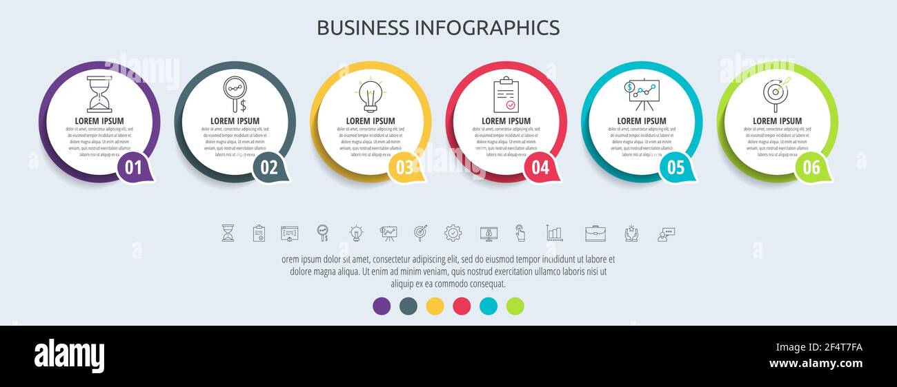 Infographie vectorielle Circles avec 6 étapes, icônes. Chronologie utilisée pour le diagramme, le graphique, le Web, la bannière, les présentations, organigramme, graphique d'informations, contenu, niveaux Illustration de Vecteur