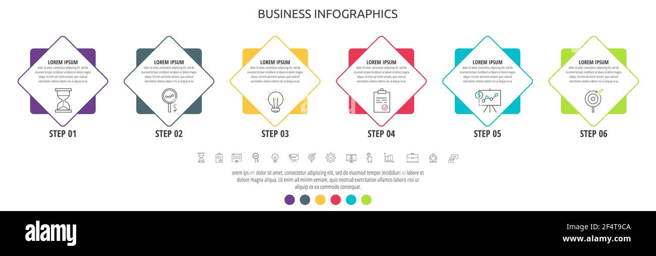 Étiquette graphique d'entreprise vectorielle avec losange pour six étiquettes, diagrammes, graphiques et présentations. Concept carré avec 6 options ou étapes utilisées avec le contenu, Illustration de Vecteur