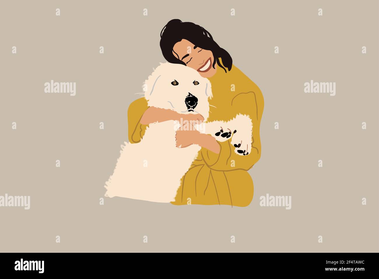 Une femme heureuse se hante avec un grand chien blanc. Style de vie et animaux acceptés. Amusez-vous ensemble. Illustration vectorielle. Illustration de Vecteur