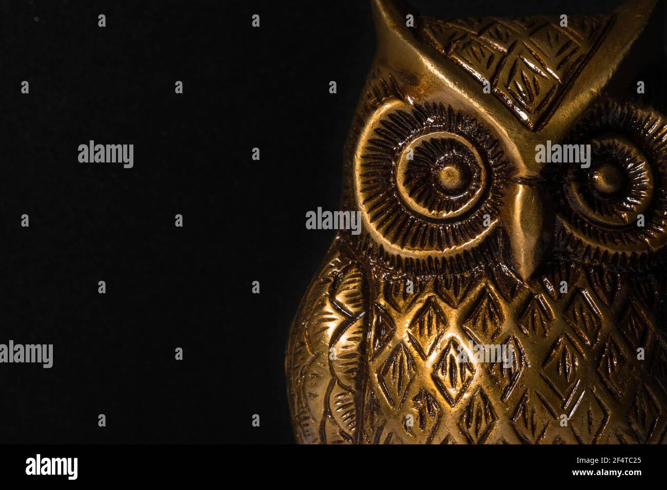 Gobelet macro Midnight Owl d'un poids de papier hibou en laiton. Banque D'Images