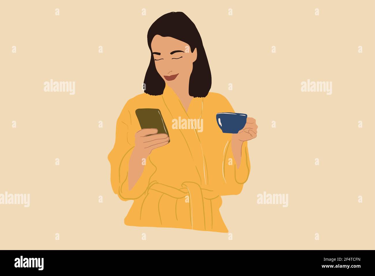 Femme en peignoir jaune regardant au téléphone et boissons café le matin. Illustration vectorielle. Concept de style de vie et de détente. Illustration de Vecteur