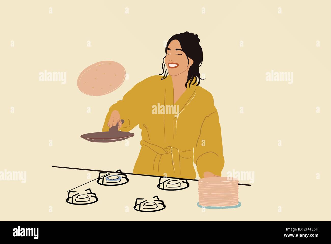 Jolie femme dans un peignoir jaune jette une crêpe sur une poêle à gaz. Préparer un petit-déjeuner sucré le matin. Illustration vectorielle. Illustration de Vecteur