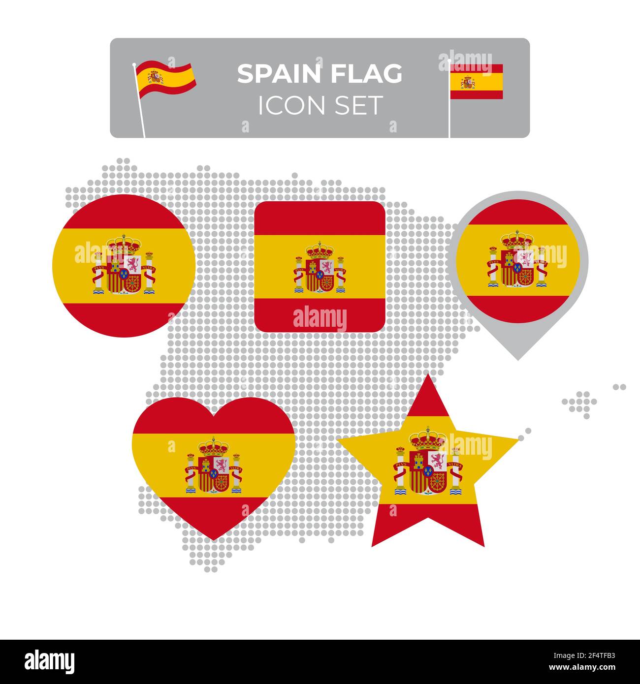 Icônes de drapeau d'Espagne en forme de carré, coeur, cercle, étoiles et pointeur, marqueur de carte, carte en mosaïque de l'espagne. Drapeau espagnol. Style plat. Symbole vectoriel, Illustration de Vecteur