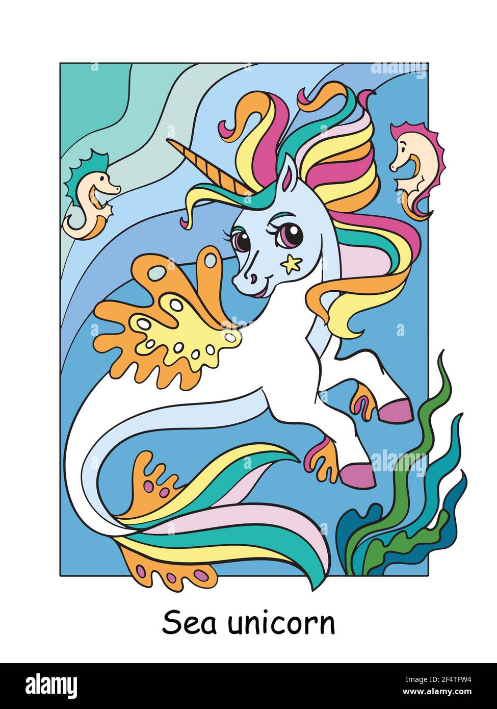 Jolie licorne de mer avec longue queue et manne.dessin animé vectoriel coloré illustration. Pour carte postale, affiches, design, carte de vœux, autocollants, décoration de chambre, partie Illustration de Vecteur