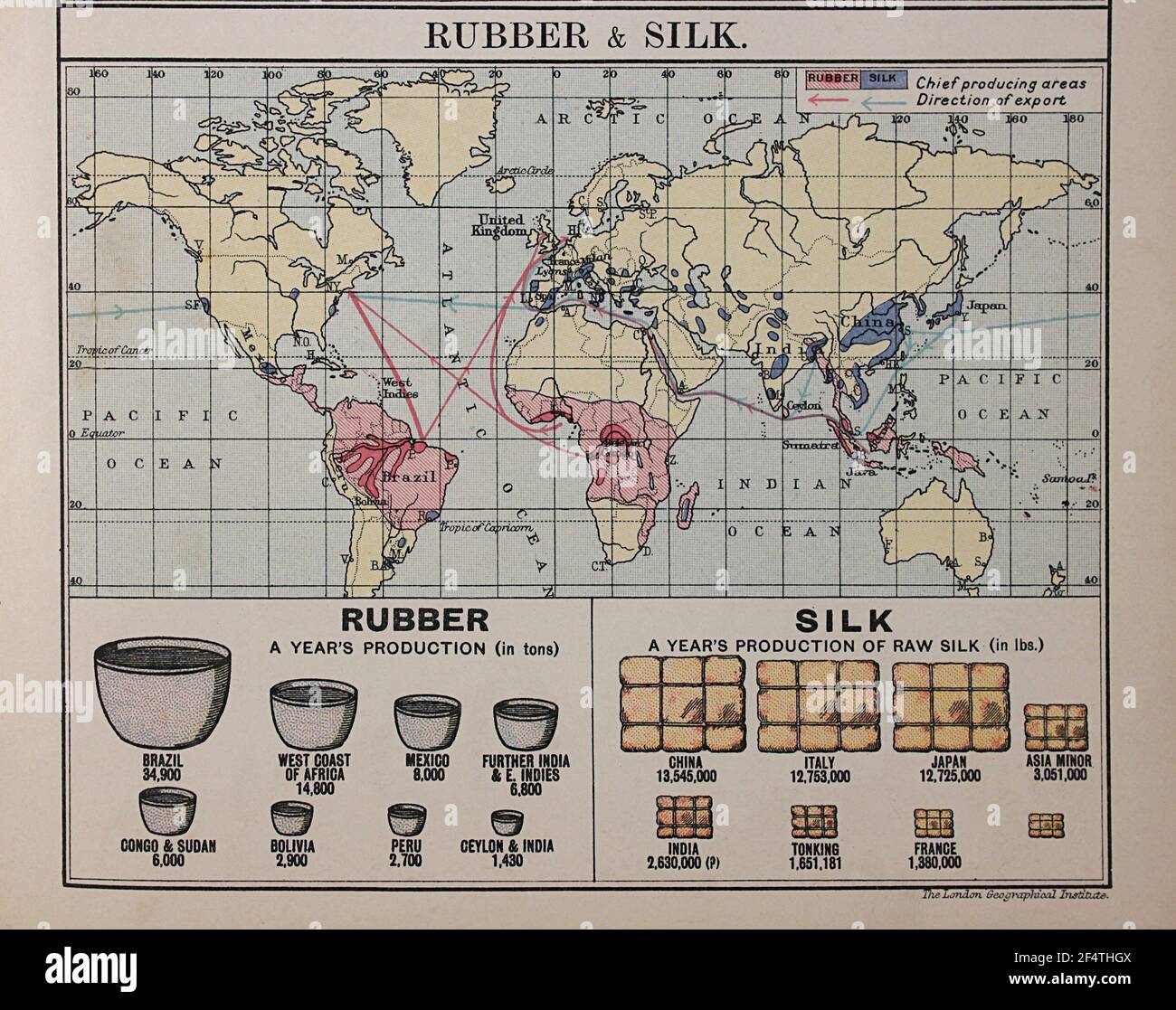 Carte du monde de 'Philip's Chamber of Commerce Atlas', 1912, montrant la production de caoutchouc et de soie en tonnes. Banque D'Images