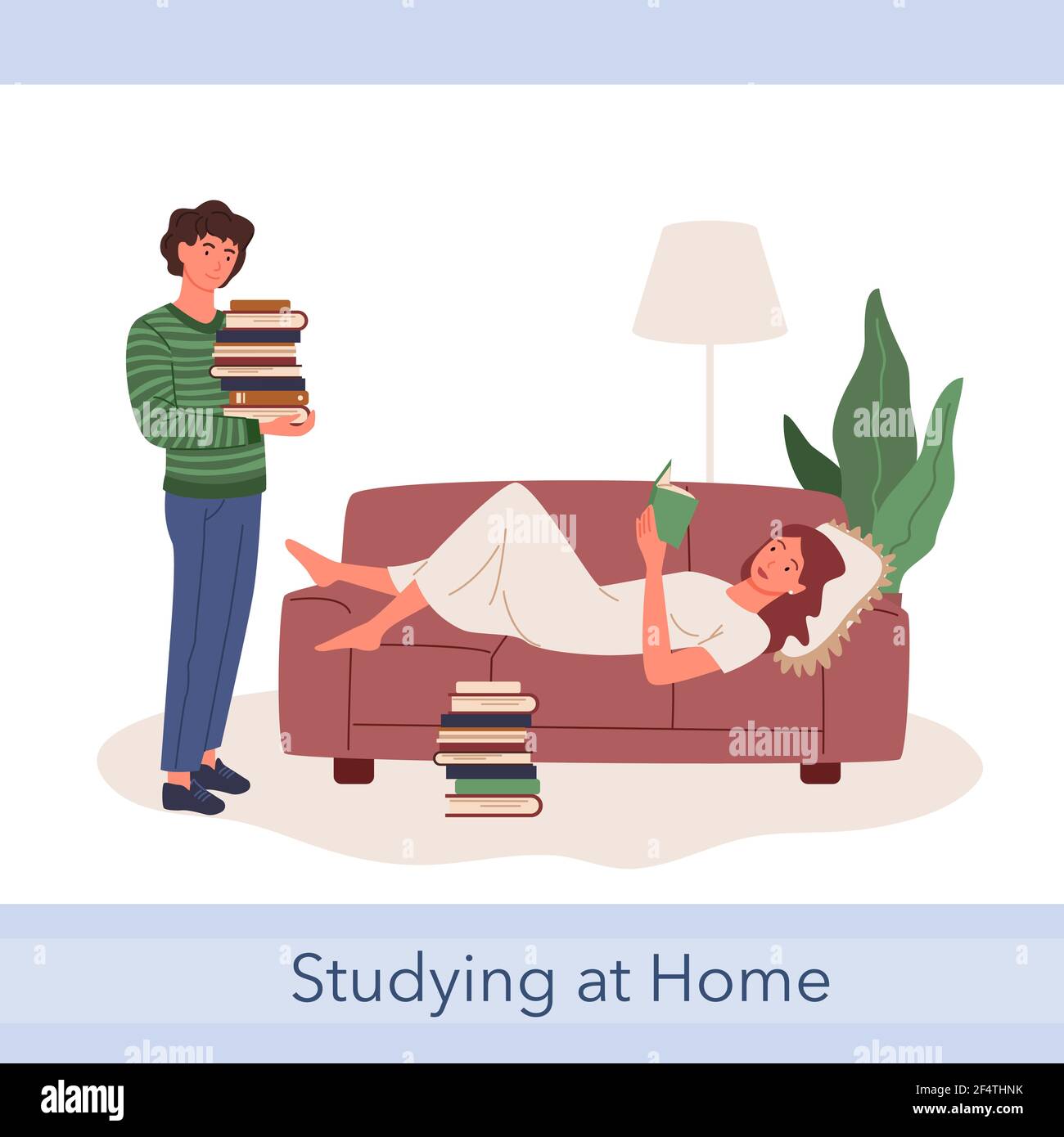 Les adolescents étudiants étudient ensemble, garçon tenant la pile de livres, fille couché sur le canapé, lecture Illustration de Vecteur