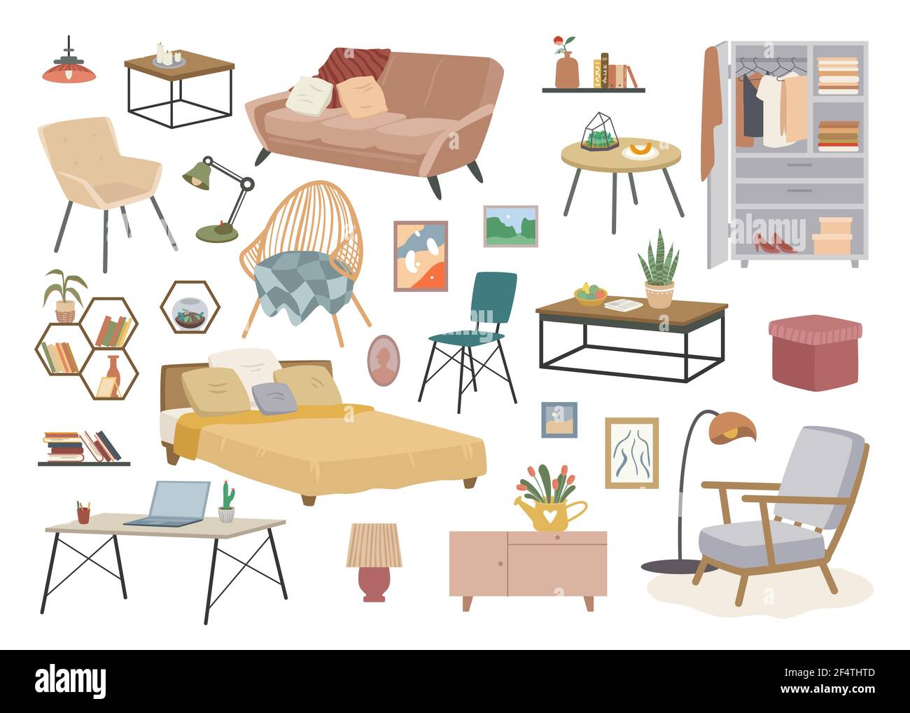 Maison décoration intérieure mobilier ensemble avec armoire lit fauteuil chaise lampe de table, installation domestique Illustration de Vecteur